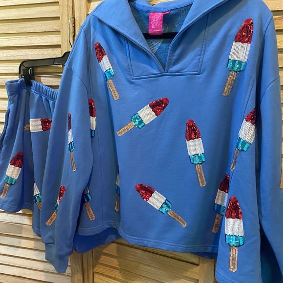 Queen of Sparkles Blue Bomb Pop Collared Sweatshirt and Shorts Outfit - Picture 2 of 9